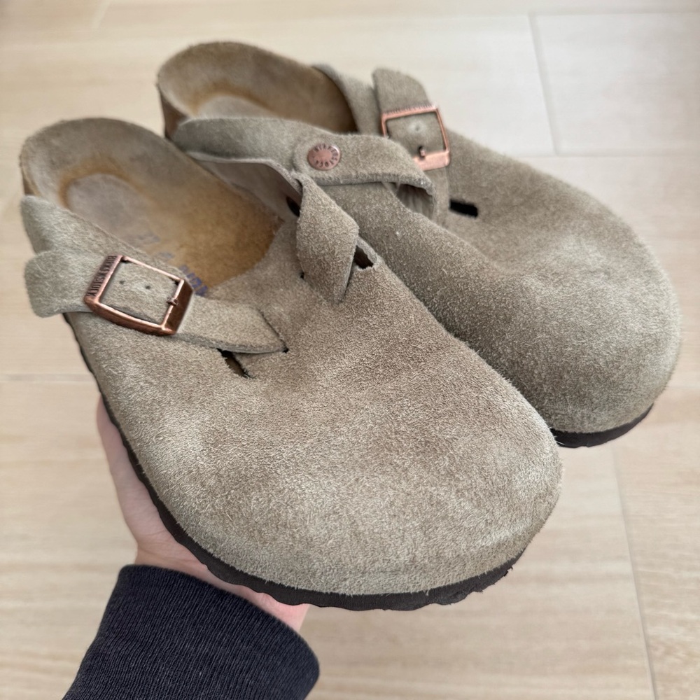 Birkenstock Boston Soft Footbed Suede Clog Taupe Regular Fit, EU 37, US 6 - 6.5